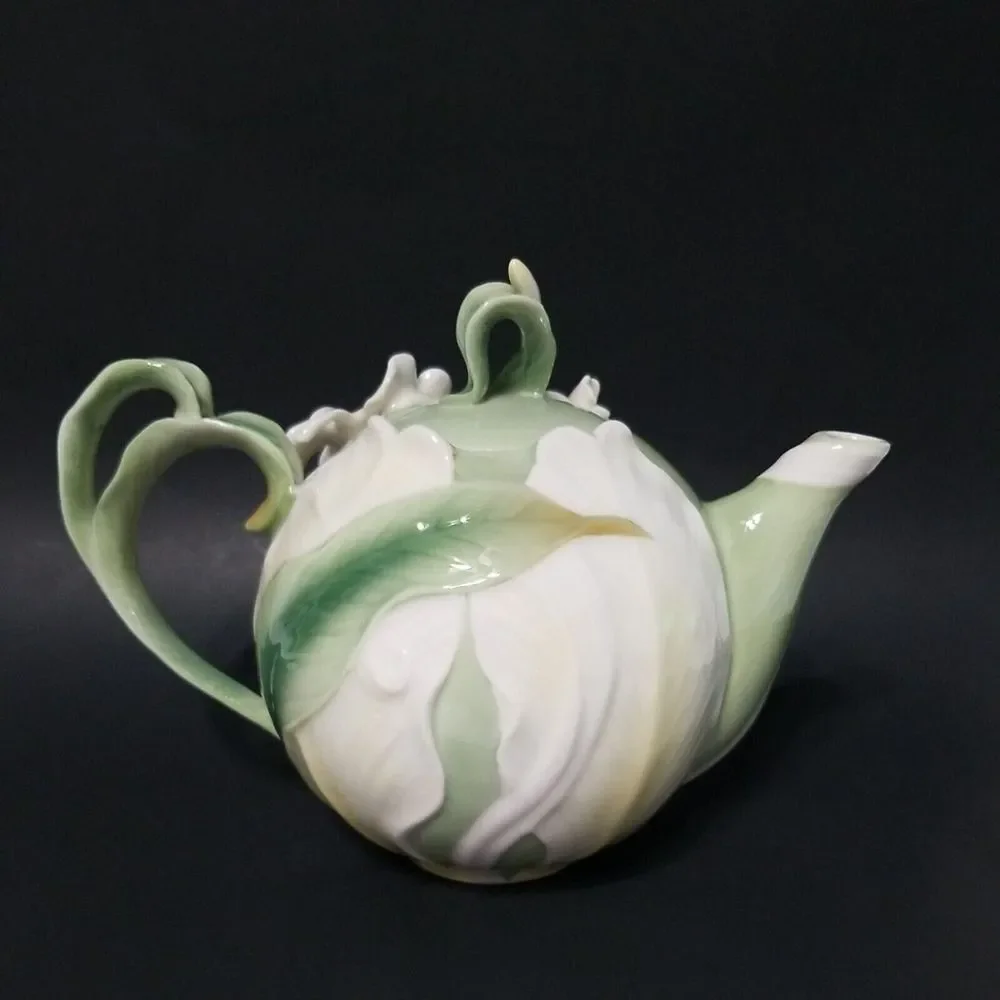 Pier 1 Imports Ginger Lily Teapot Floral Whimsical White‎ Porcelain Hand Painted